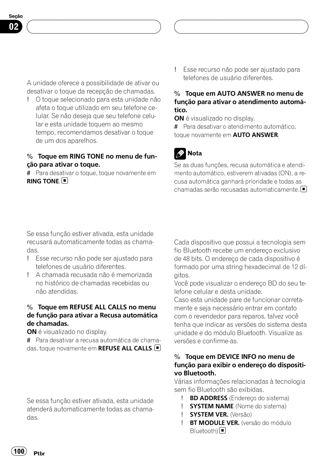 Pioneer CD-BTB100 Telefone Bluetooth Alterando o toque, Ajustando a recusa automática, Ajustando o atendimento automático 