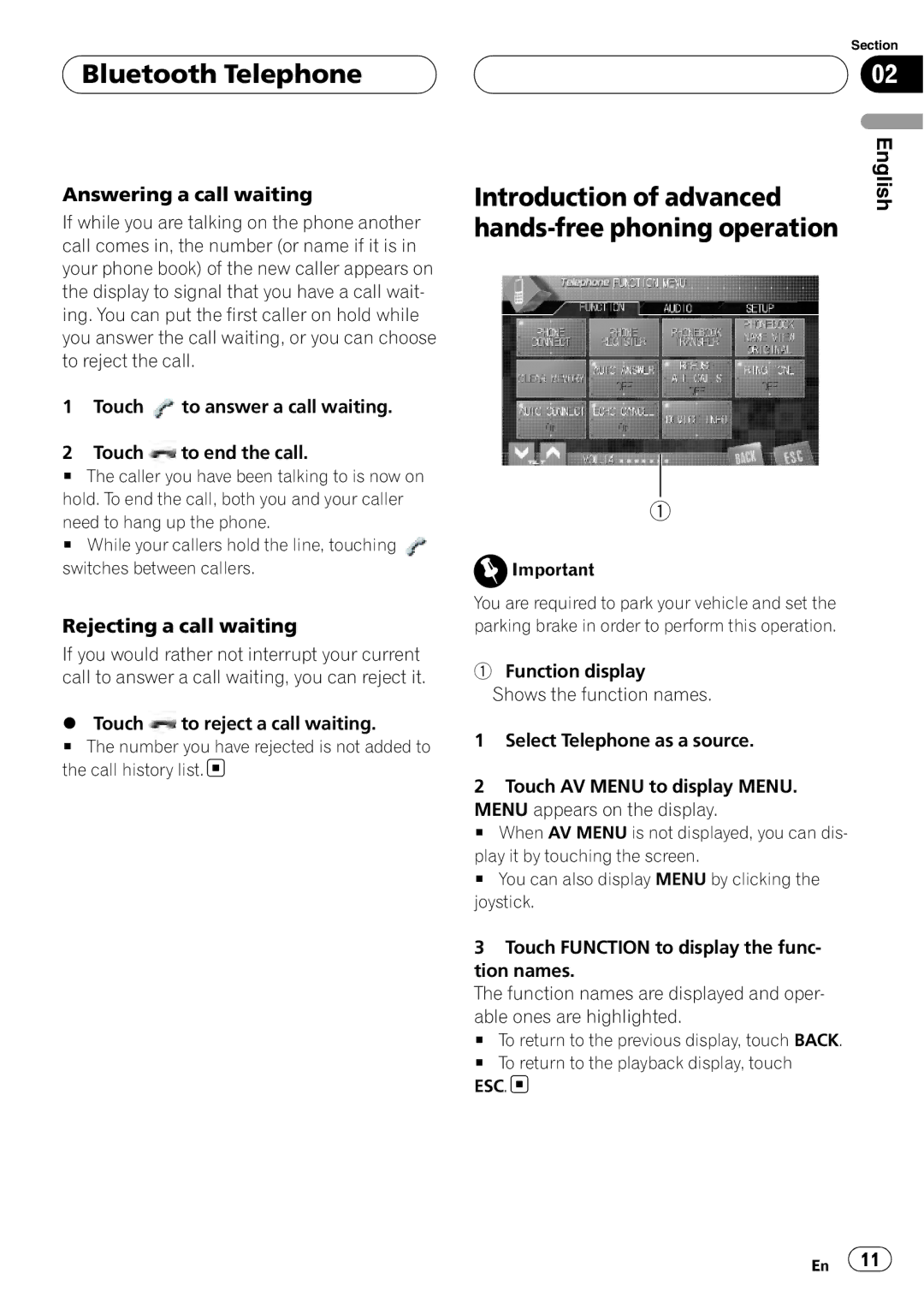 Pioneer CD-BTB100 owner manual Introduction of advanced, Hands-free phoning operation 