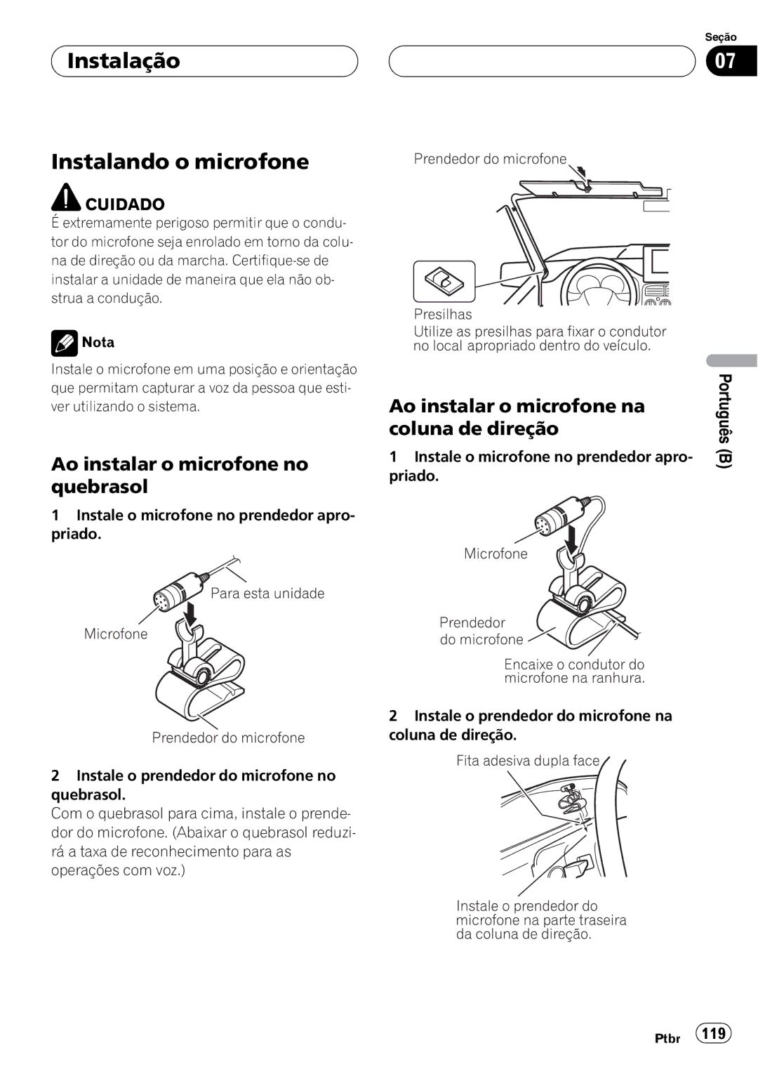 Pioneer CD-BTB100 owner manual Instalação Instalando o microfone, Ao instalar o microfone no quebrasol 