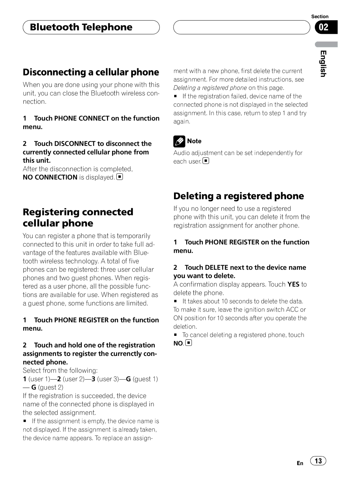 Pioneer CD-BTB100 owner manual Bluetooth Telephone Disconnecting a cellular phone, Registering connected cellular phone 