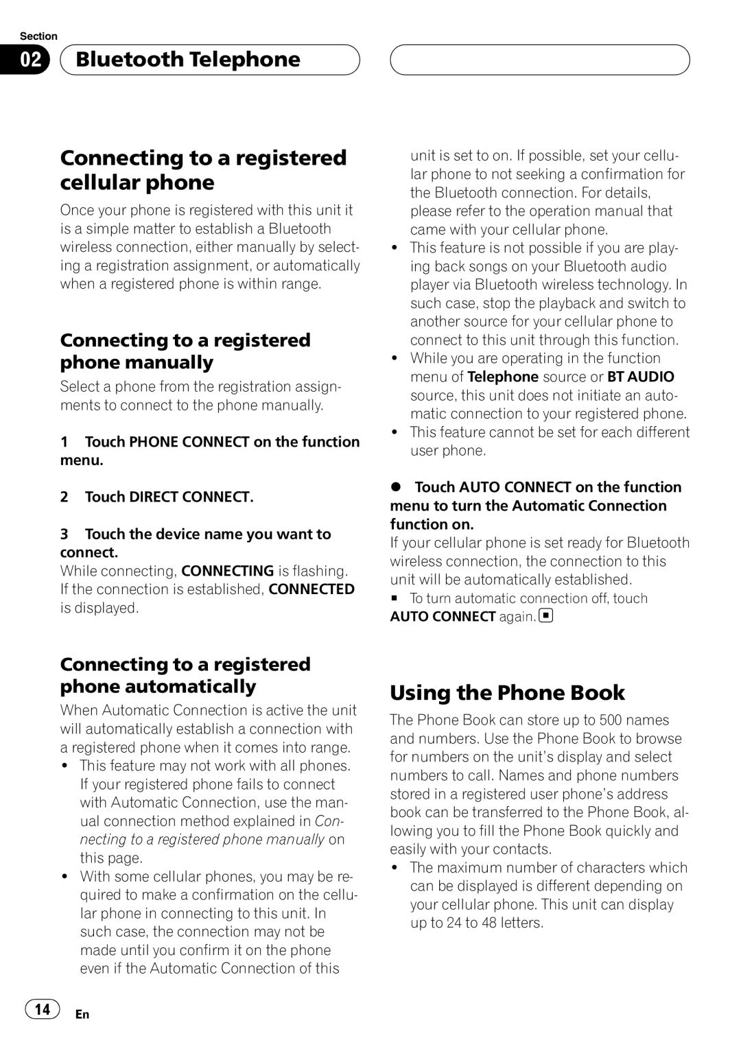 Pioneer CD-BTB100 owner manual Using the Phone Book, Connecting to a registered phone manually 