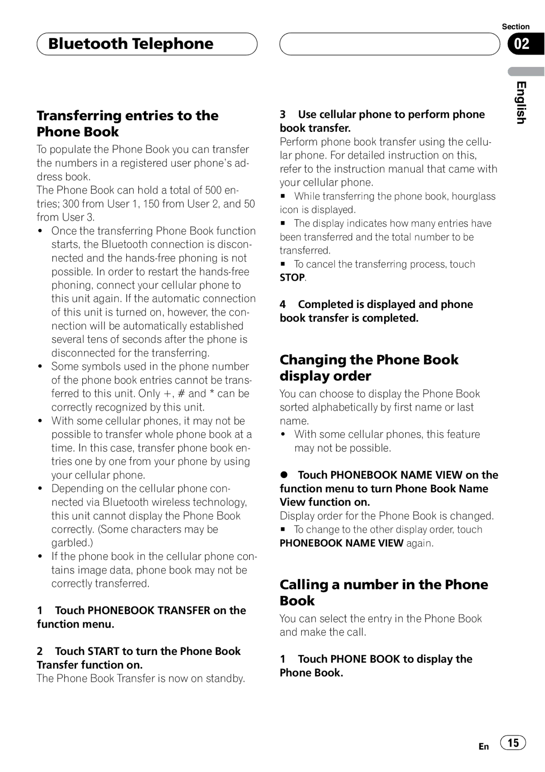 Pioneer CD-BTB100 owner manual Transferring entries to the Phone Book, Changing the Phone Book display order 