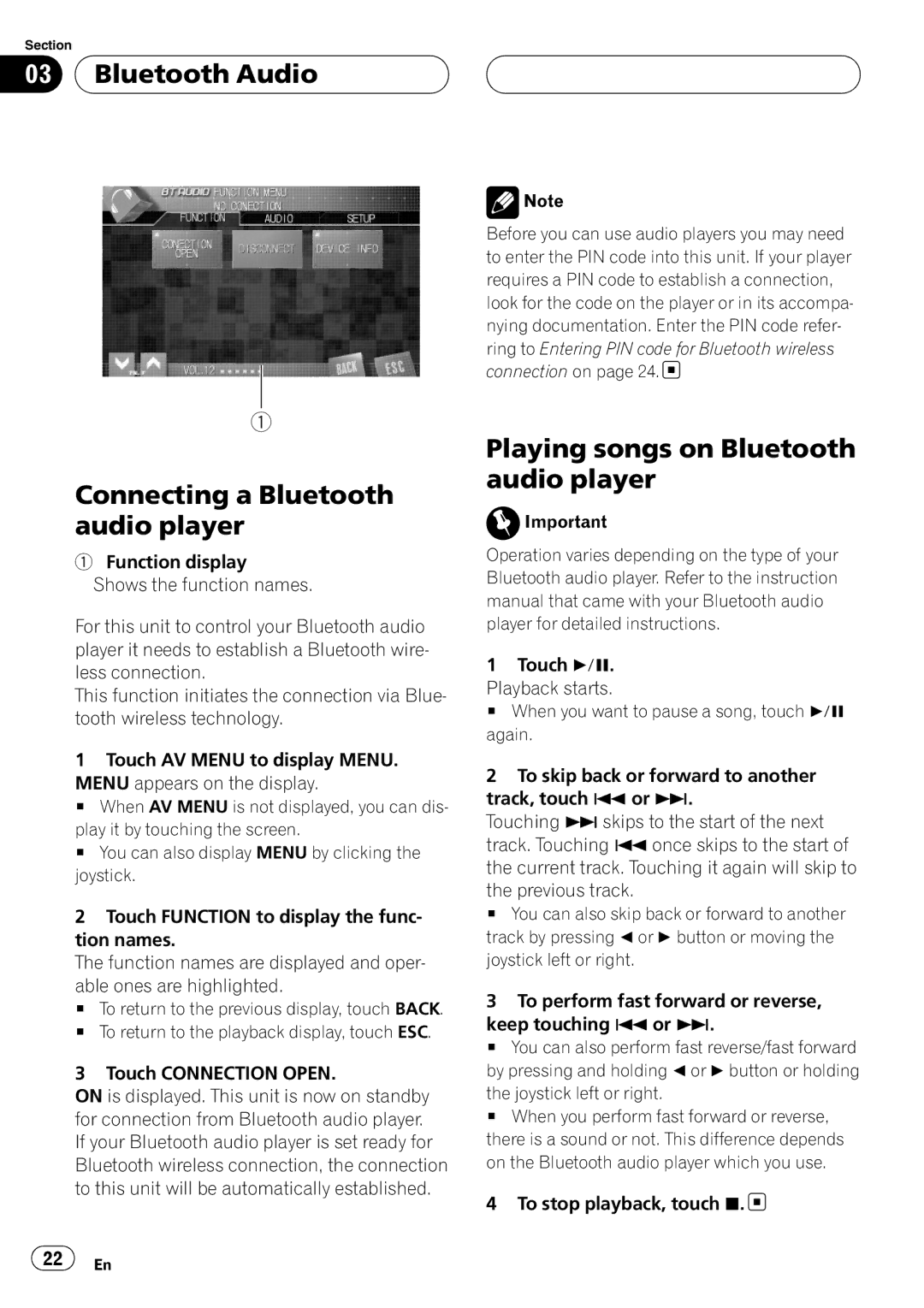 Pioneer CD-BTB100 owner manual Bluetooth Audio Connecting a Bluetooth audio player, Playing songs on Bluetooth audio player 