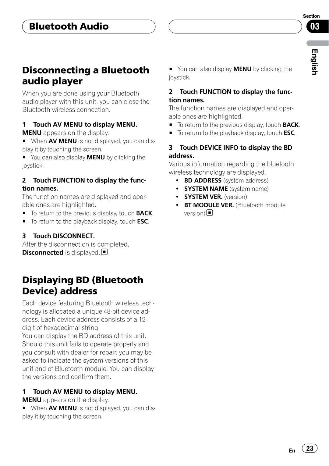 Pioneer CD-BTB100 Bluetooth Audio Disconnecting a Bluetooth audio player, Displaying BD Bluetooth Device address 