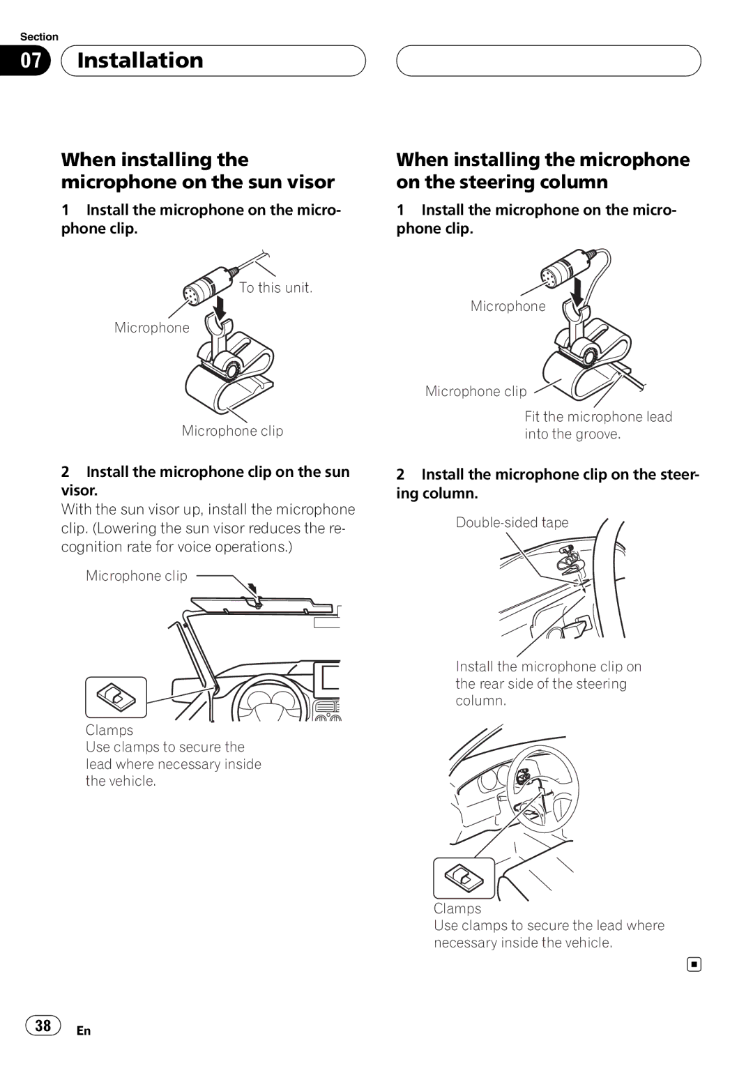 Pioneer CD-BTB100 When installing the microphone on the sun visor, When installing the microphone on the steering column 