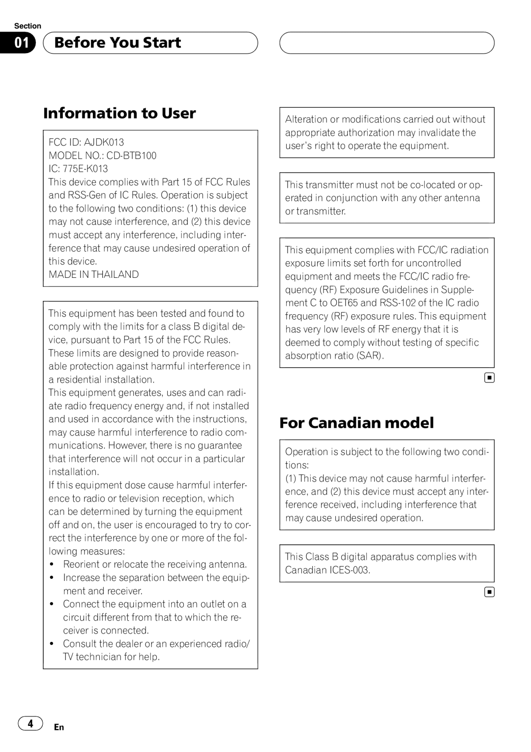 Pioneer CD-BTB100 owner manual Before You Start Information to User, For Canadian model, IC 775E-K013 