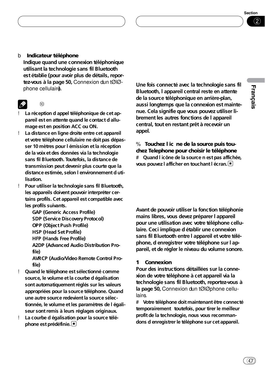 Pioneer CD-BTB100 Téléphone Bluetooth, Quelques mots sur la source téléphone, Réglage pour la téléphonie mains libres 