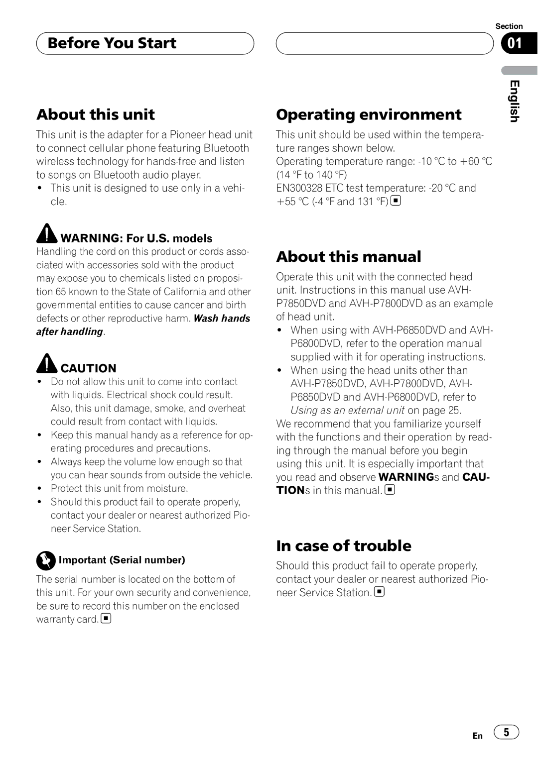 Pioneer CD-BTB100 owner manual Before You Start About this unit, Operating environment, About this manual, Case of trouble 