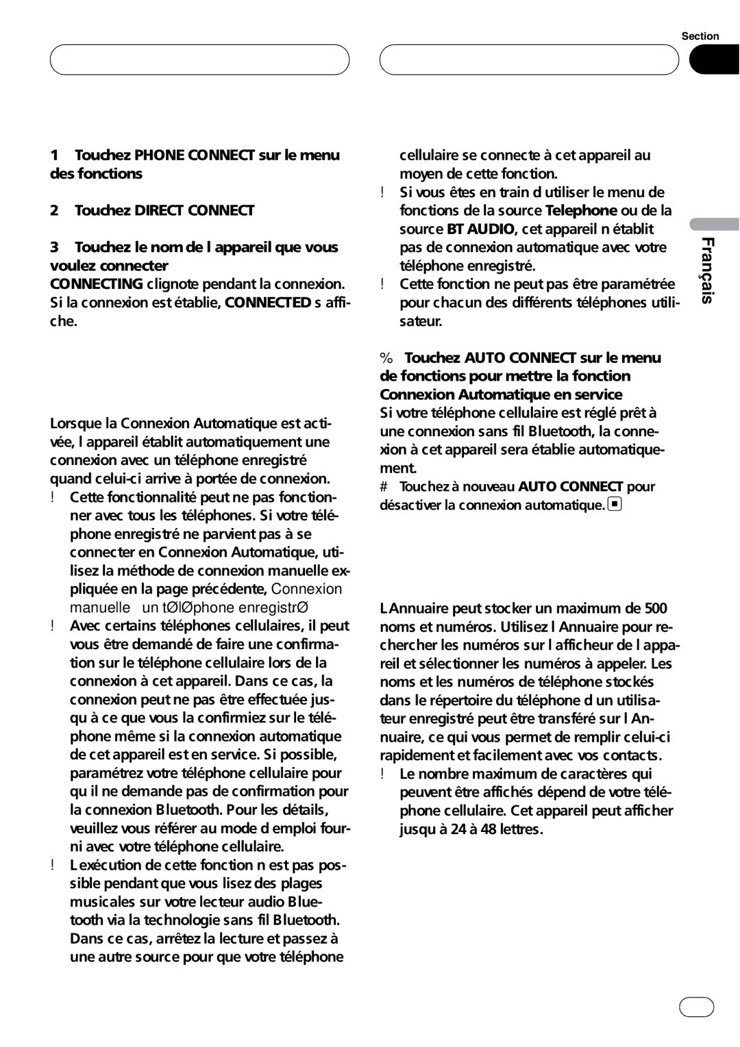 Pioneer CD-BTB100 owner manual Utilisation de l’Annuaire, Connexion automatique à un téléphone enregistré 