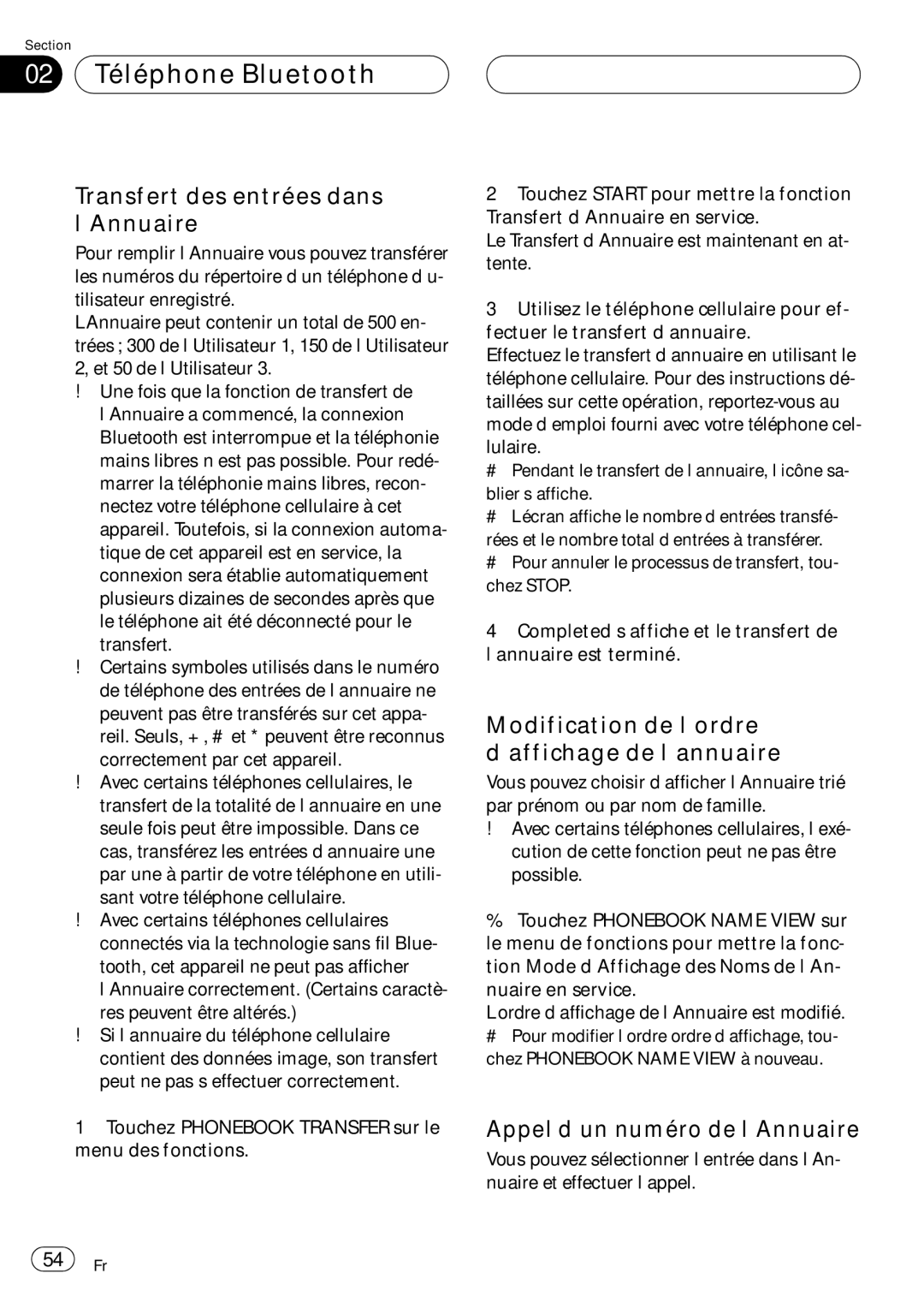 Pioneer CD-BTB100 owner manual Transfert des entrées dans l’Annuaire, Modification de l’ordre d’affichage de l’annuaire 