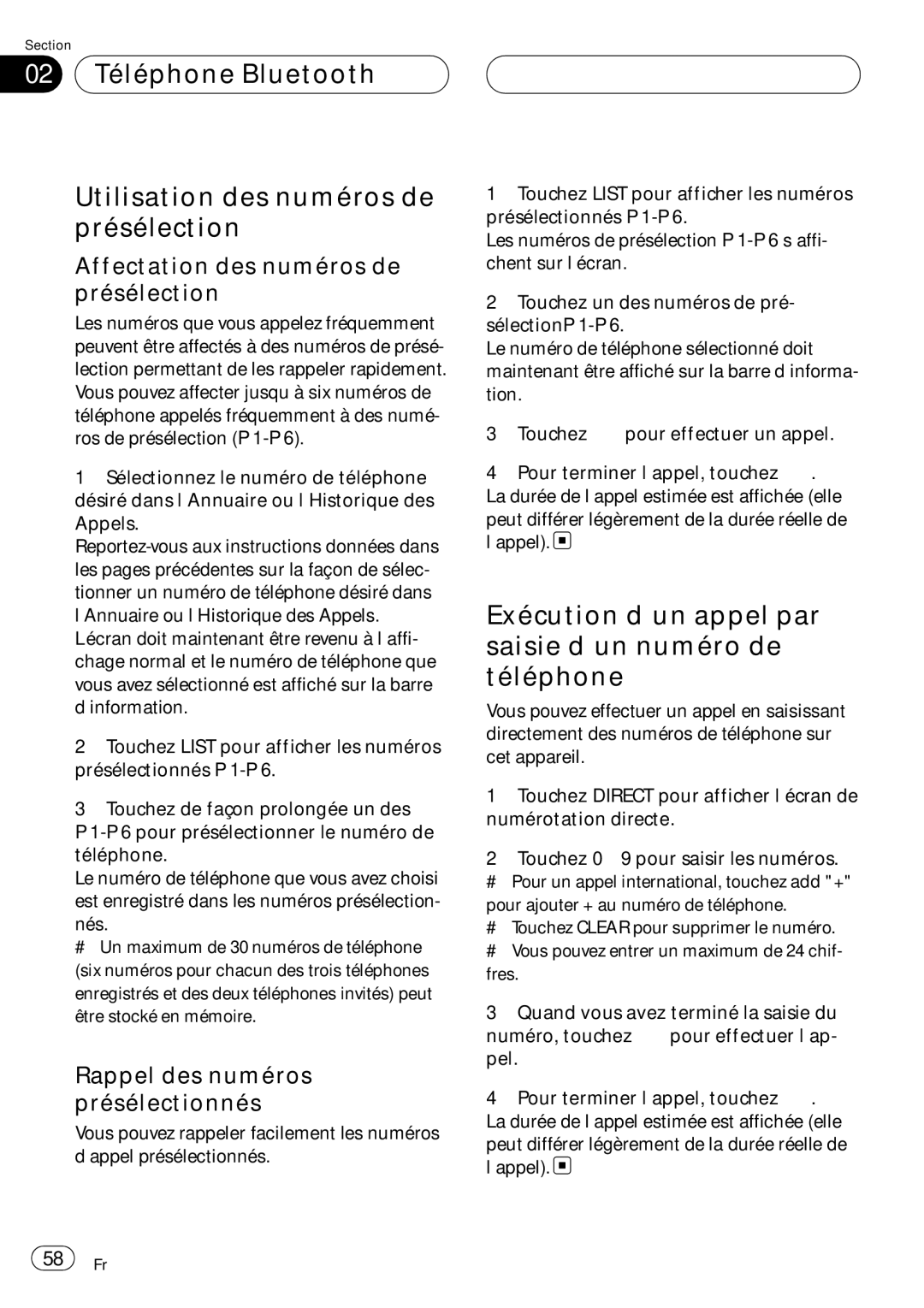 Pioneer CD-BTB100 Exécution d’un appel par saisie d’un numéro de téléphone, Affectation des numéros de présélection 