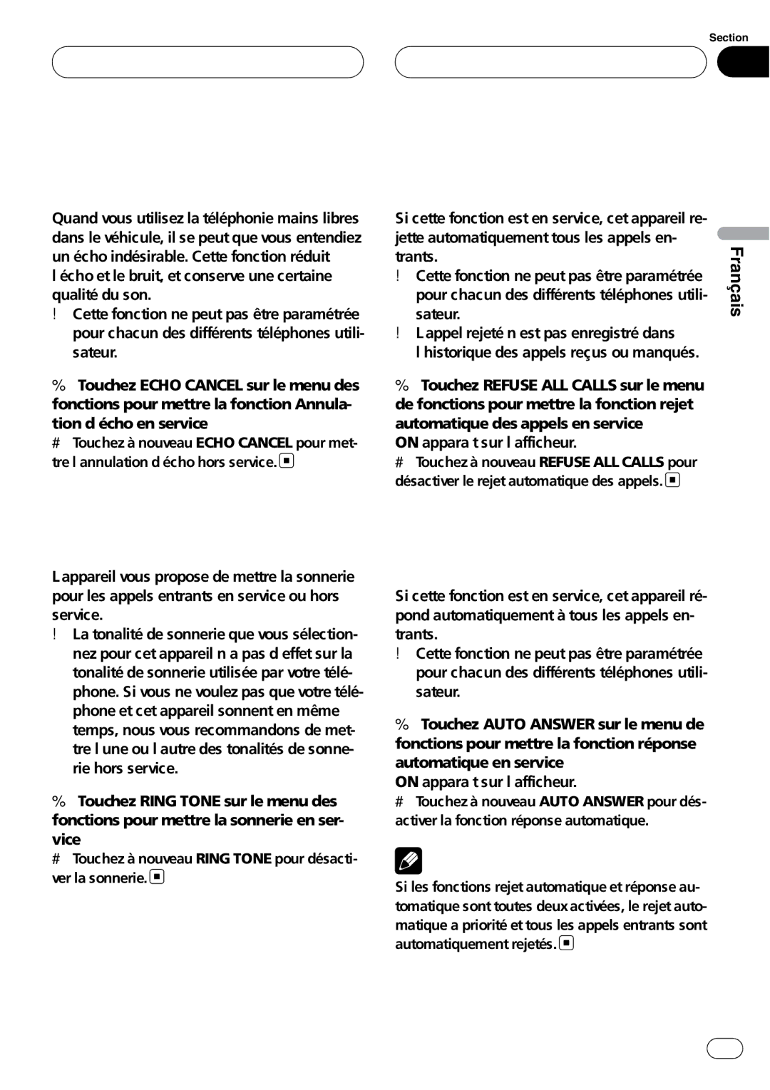 Pioneer CD-BTB100 Téléphone Bluetooth Annulation d’écho et réduction de bruit, Paramétrage du rejet automatique, Trants 