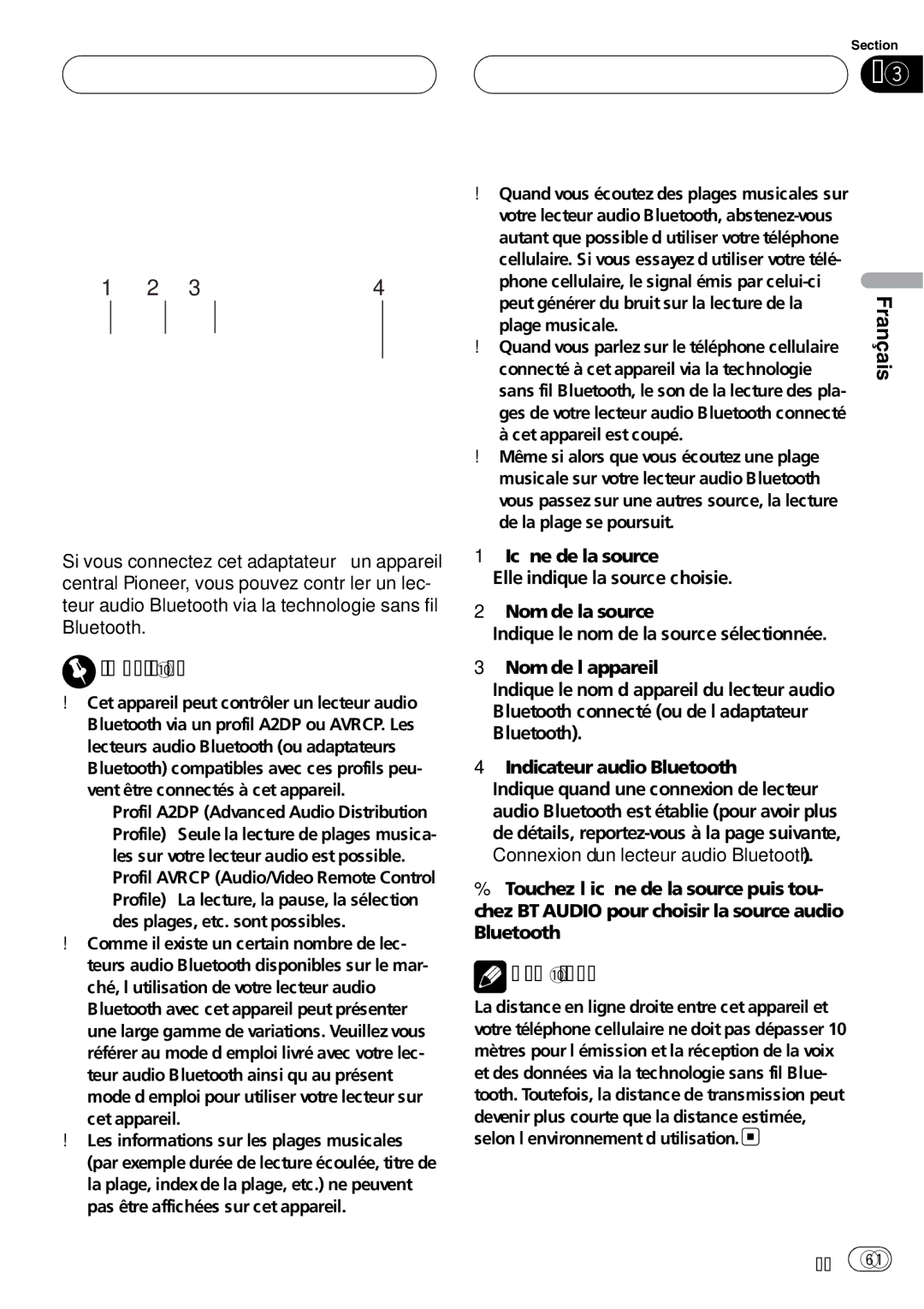 Pioneer CD-BTB100 owner manual Plage musicale, Quand vous parlez sur le téléphone cellulaire 