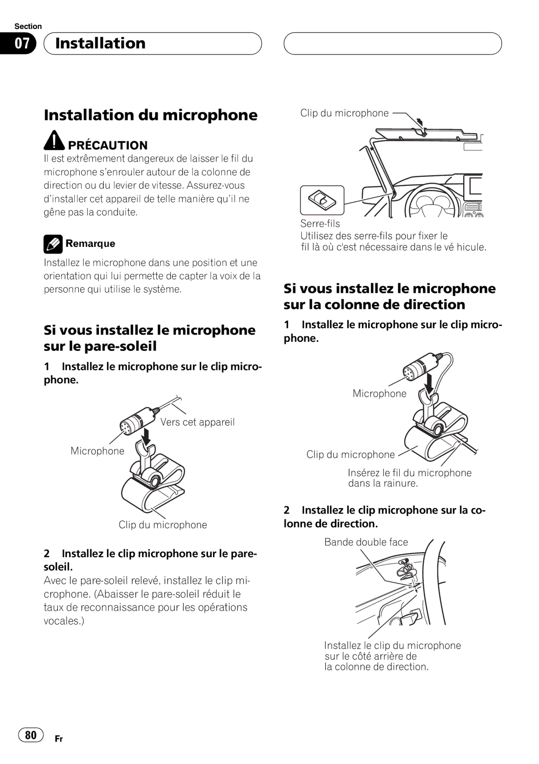 Pioneer CD-BTB100 owner manual Installation Installation du microphone, Si vous installez le microphone sur le pare-soleil 