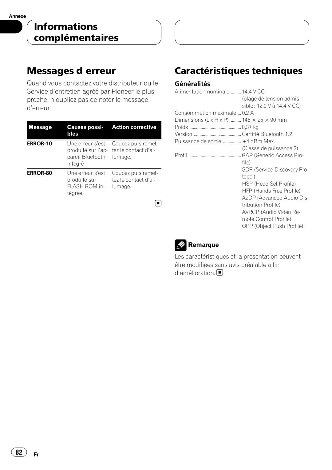 Pioneer CD-BTB100 owner manual Informations complémentaires Messages d’erreur, Caractéristiques techniques, Généralités 