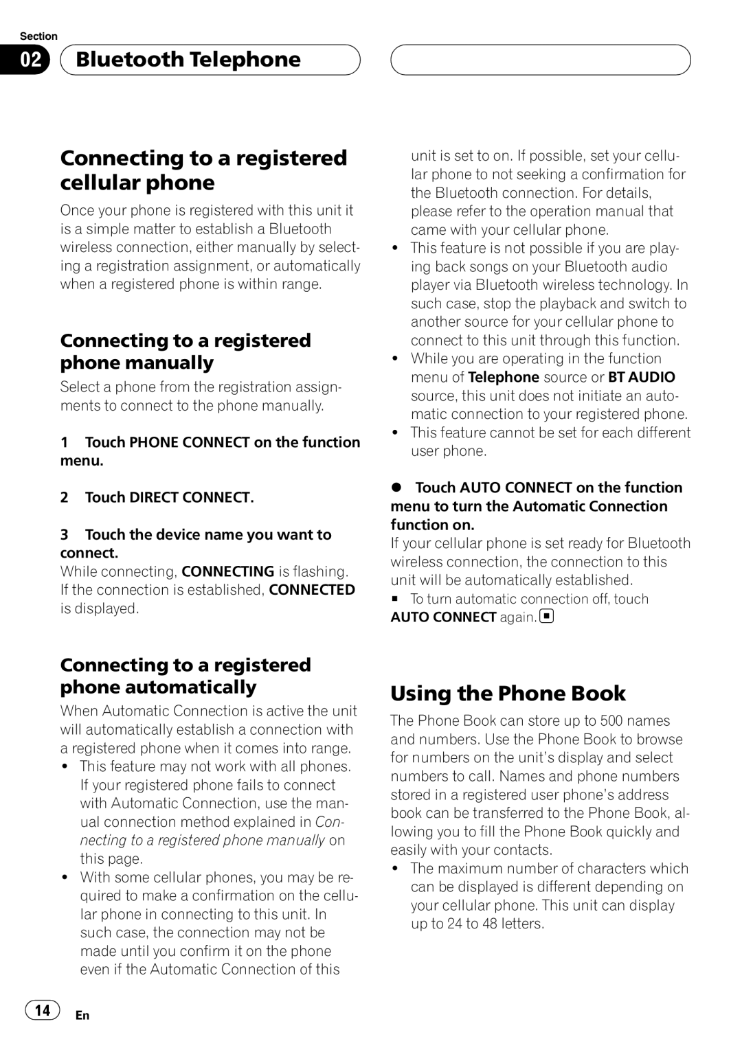 Pioneer CD-BTB100 owner manual Bluetooth Telephone Connecting to a registered cellular phone, Using the Phone Book 