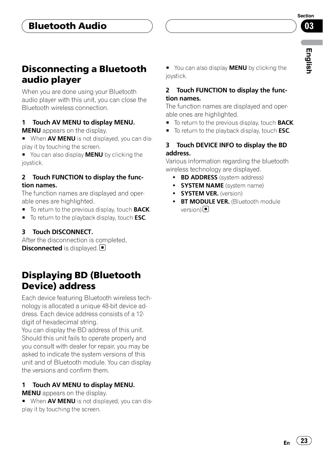 Pioneer CD-BTB100 Bluetooth Audio Disconnecting a Bluetooth audio player, Displaying BD Bluetooth Device address, English 