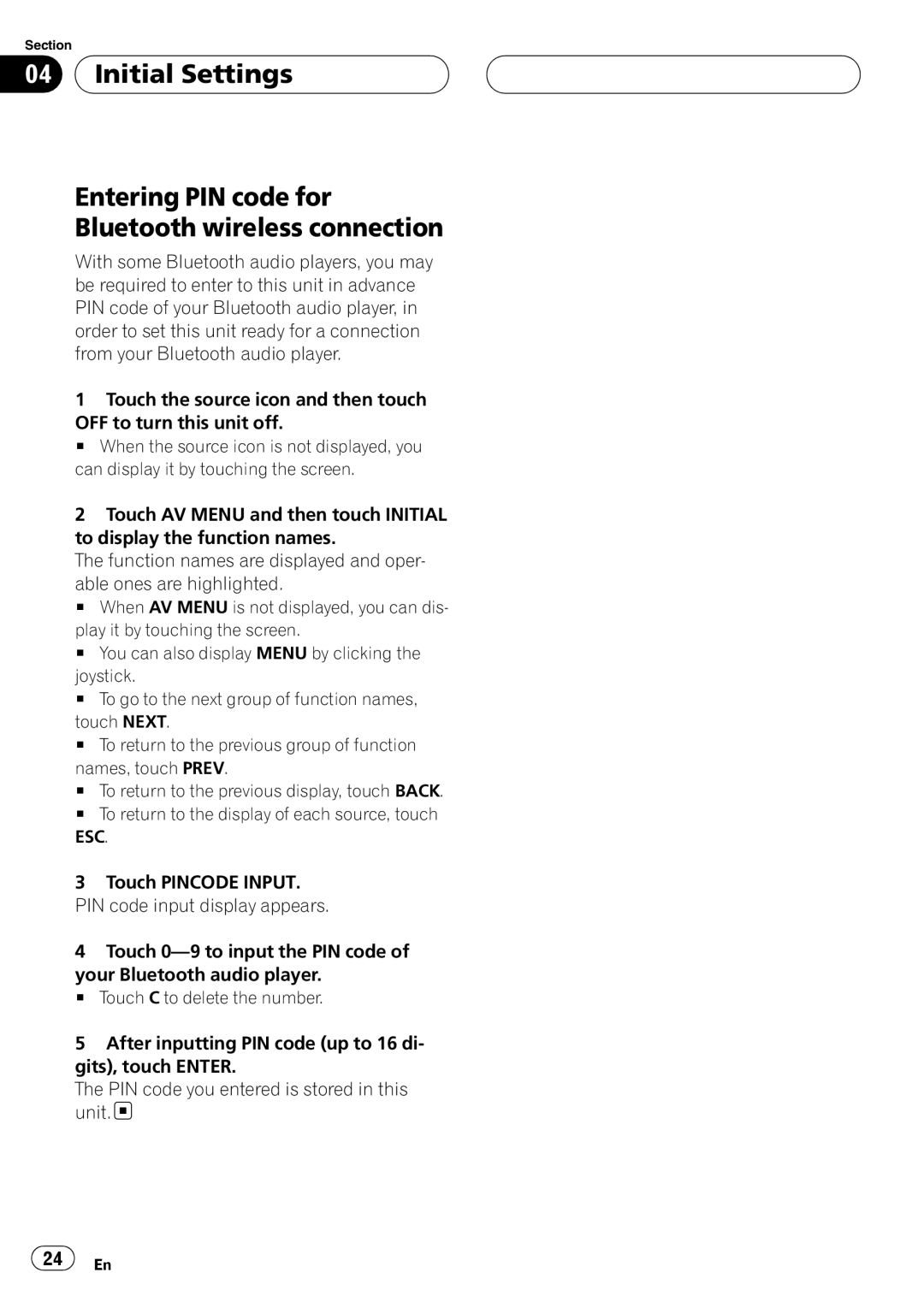 Pioneer CD-BTB100 owner manual Initial Settings, Entering PIN code for Bluetooth wireless connection, 24 En 