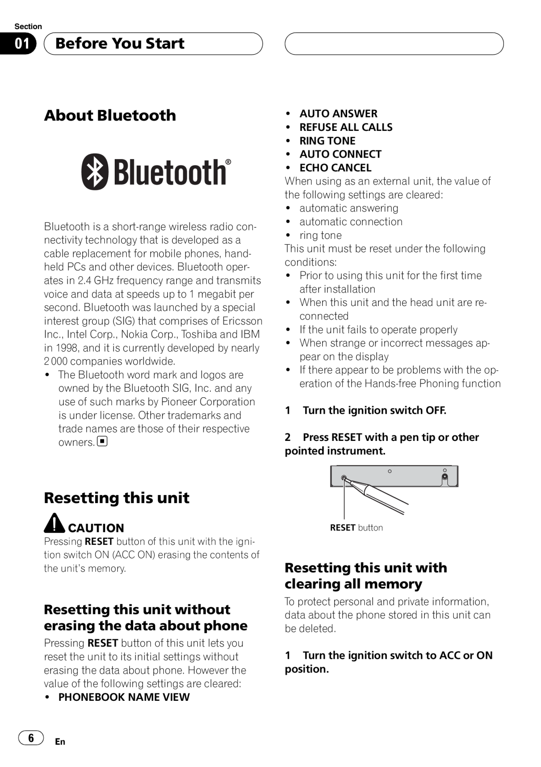 Pioneer CD-BTB100 owner manual Before You Start About Bluetooth, Resetting this unit with clearing all memory 