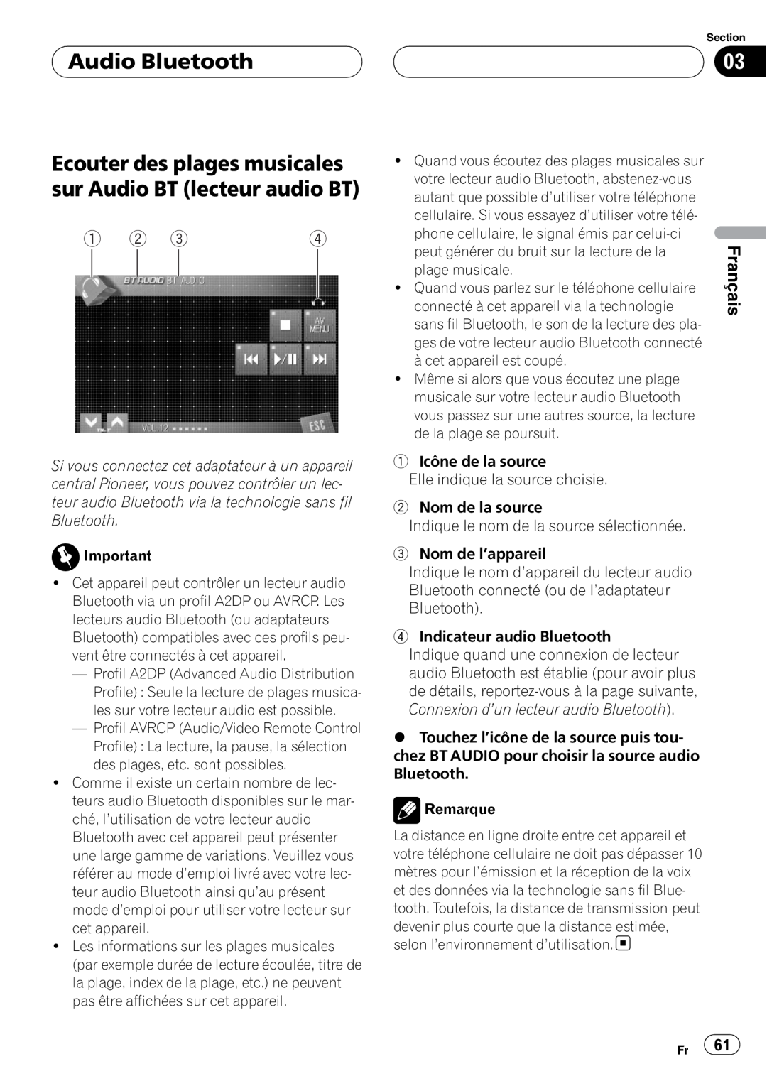 Pioneer CD-BTB100 owner manual Audio Bluetooth, Ecouter des plages musicales sur Audio BT lecteur audio BT, Français 
