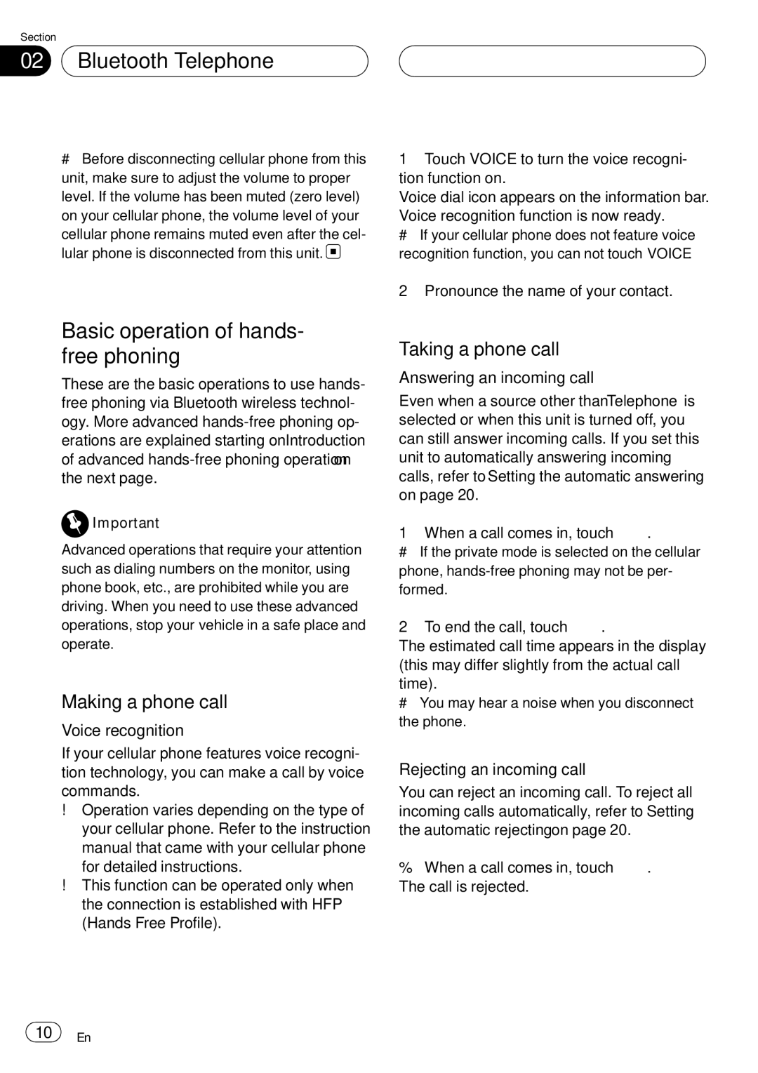 Pioneer CD-BTB20 owner manual Basic operation of hands- free phoning, Making a phone call, Taking a phone call 