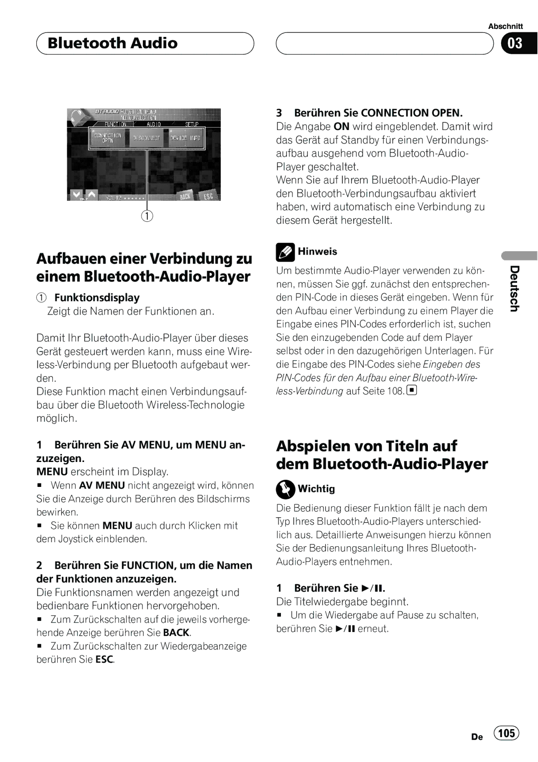 Pioneer CD-BTB20 owner manual Abspielen von Titeln auf dem Bluetooth-Audio-Player 