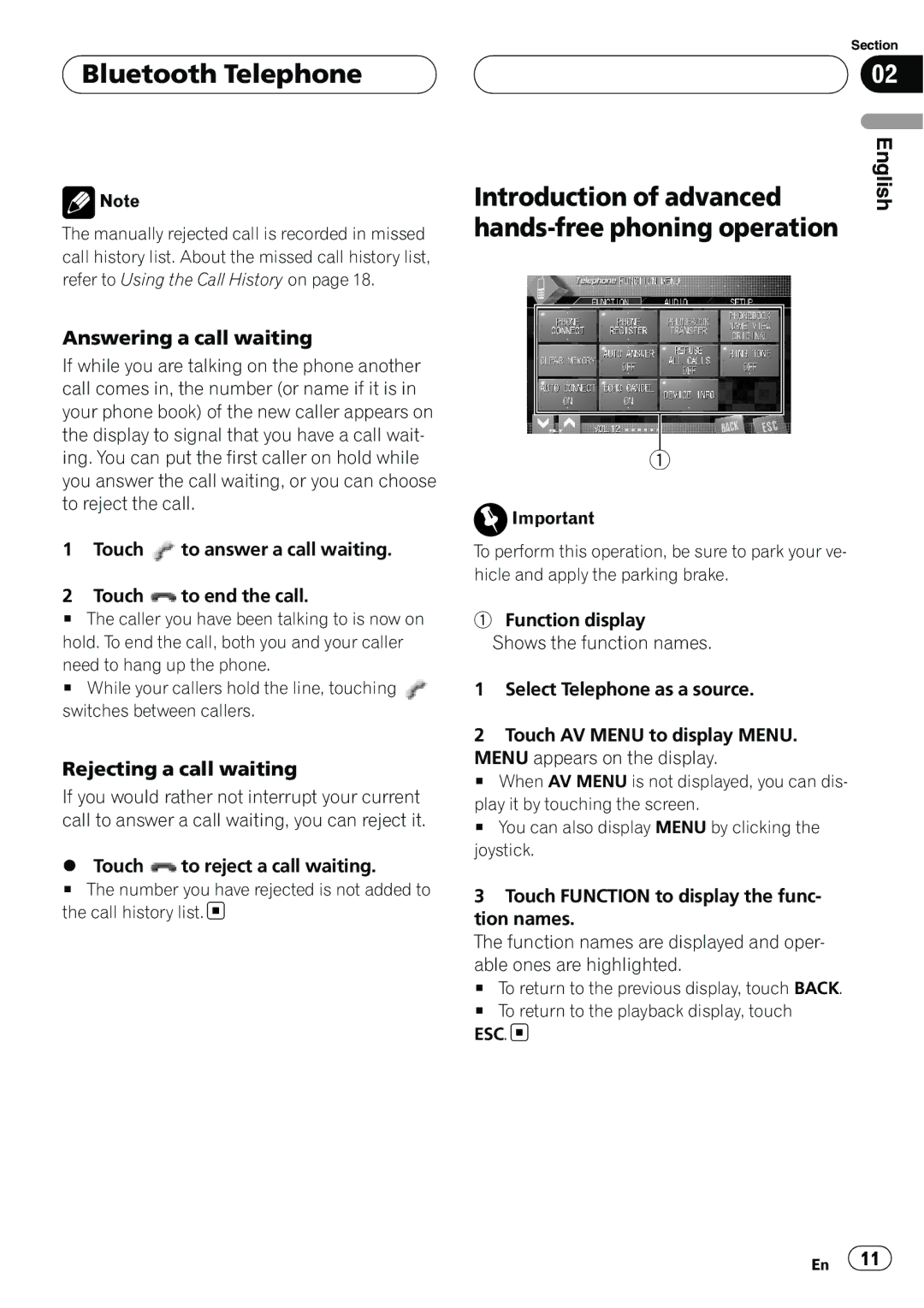 Pioneer CD-BTB20 owner manual Introduction of advanced, Hands-free phoning operation 