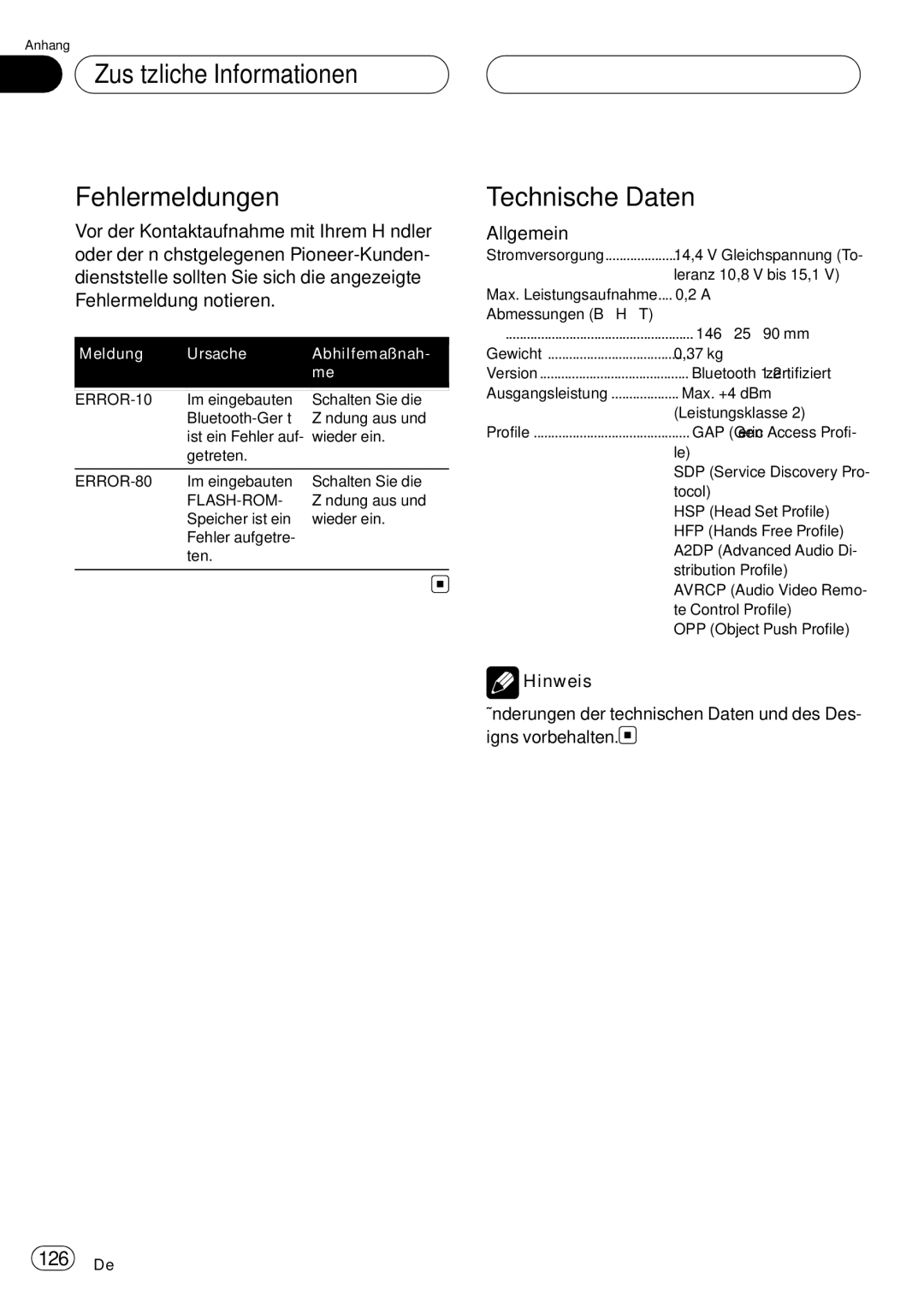 Pioneer CD-BTB20 owner manual Zusätzliche Informationen Fehlermeldungen, Technische Daten, Allgemein 