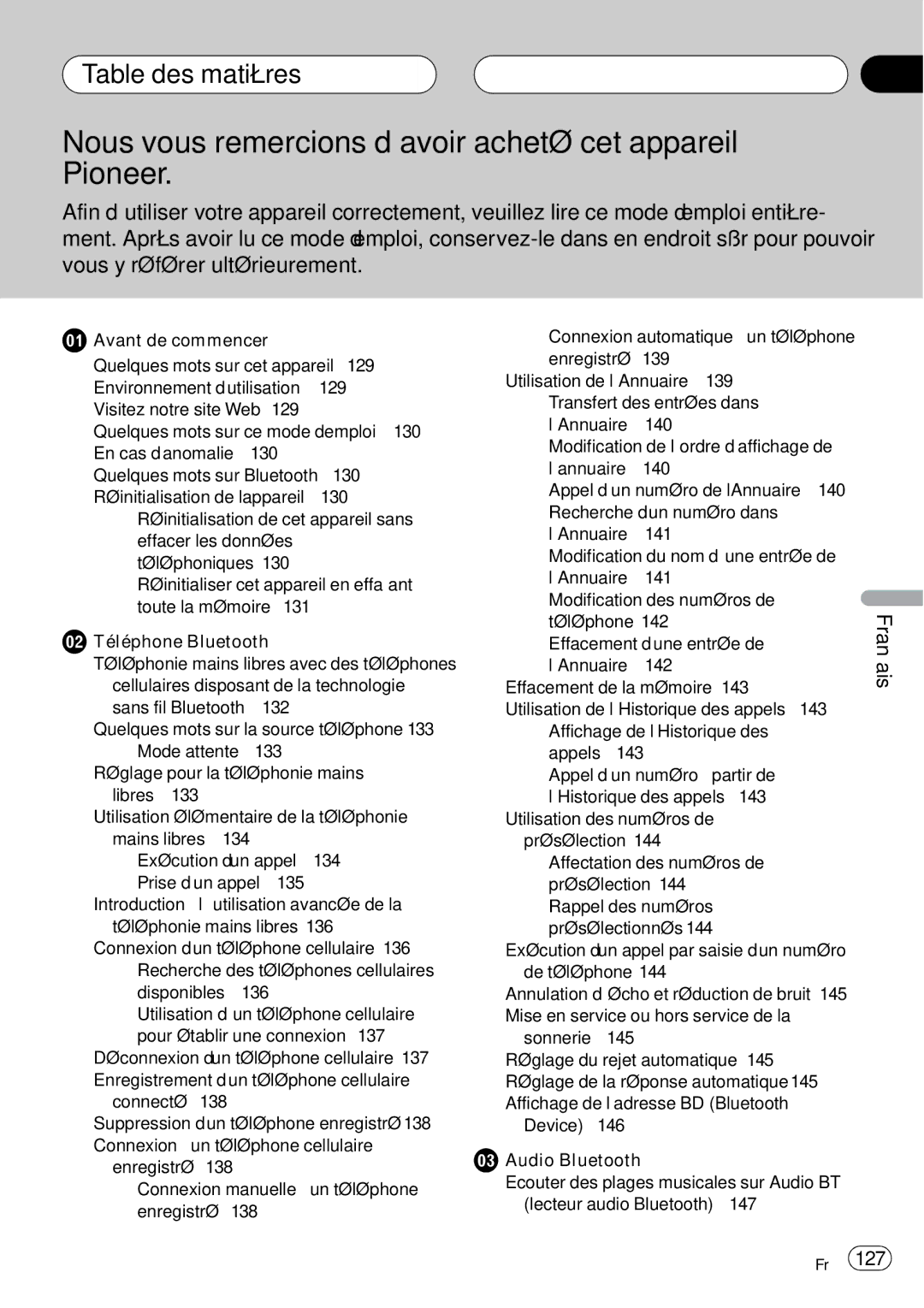 Pioneer CD-BTB20 owner manual Table des matières, 130 
