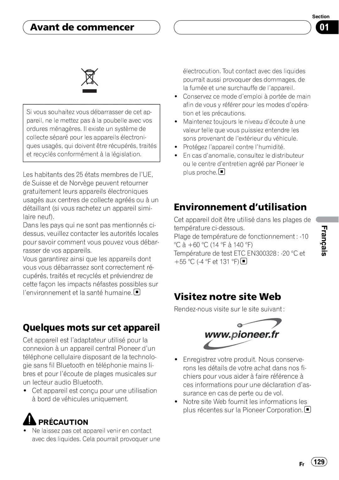 Pioneer CD-BTB20 Avant de commencer, Quelques mots sur cet appareil, Environnement d’utilisation, Visitez notre site Web 