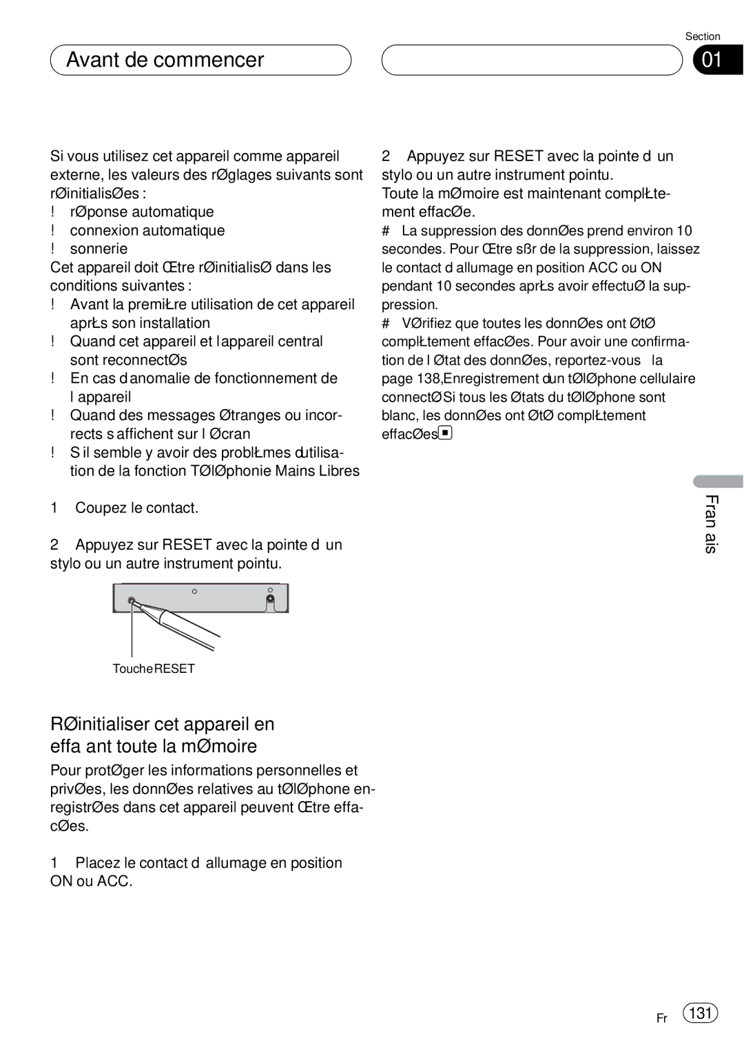 Pioneer CD-BTB20 owner manual Réinitialiser cet appareil en effaçant toute la mémoire, Pression 