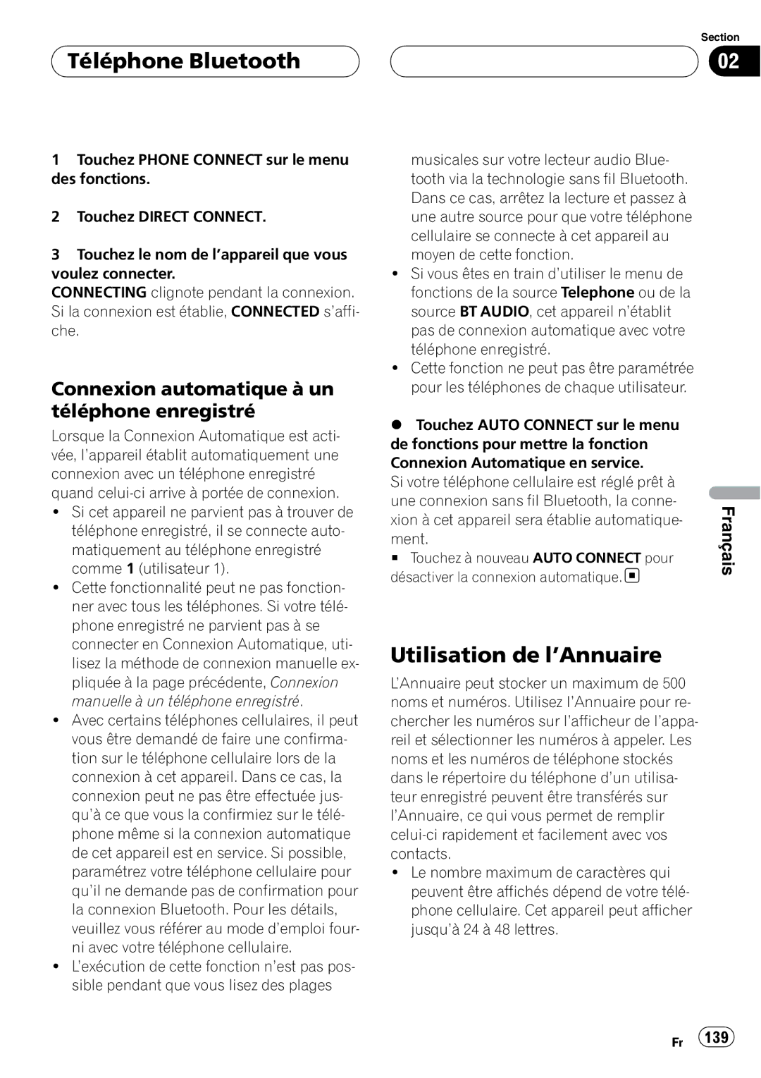 Pioneer CD-BTB20 owner manual Utilisation de l’Annuaire, Connexion automatique à un téléphone enregistré 