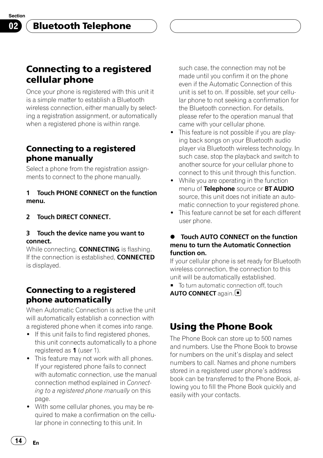 Pioneer CD-BTB20 owner manual Using the Phone Book, Connecting to a registered phone manually 