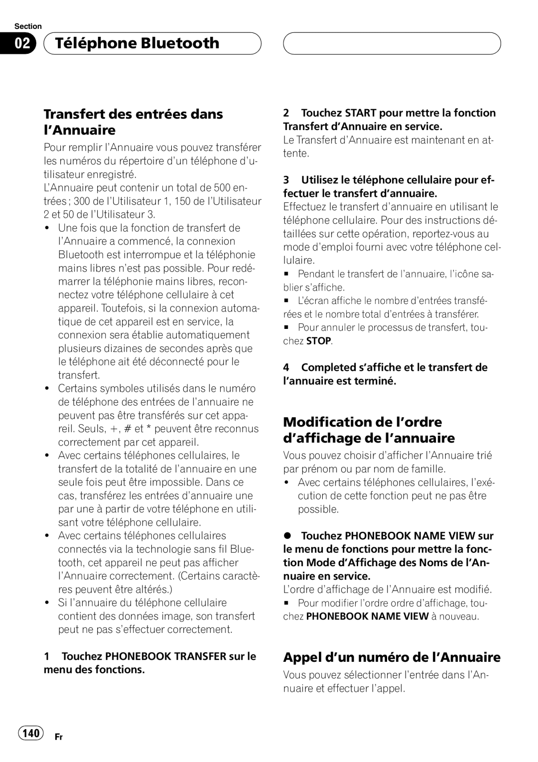 Pioneer CD-BTB20 owner manual Transfert des entrées dans l’Annuaire, Modification de l’ordre d’affichage de l’annuaire 