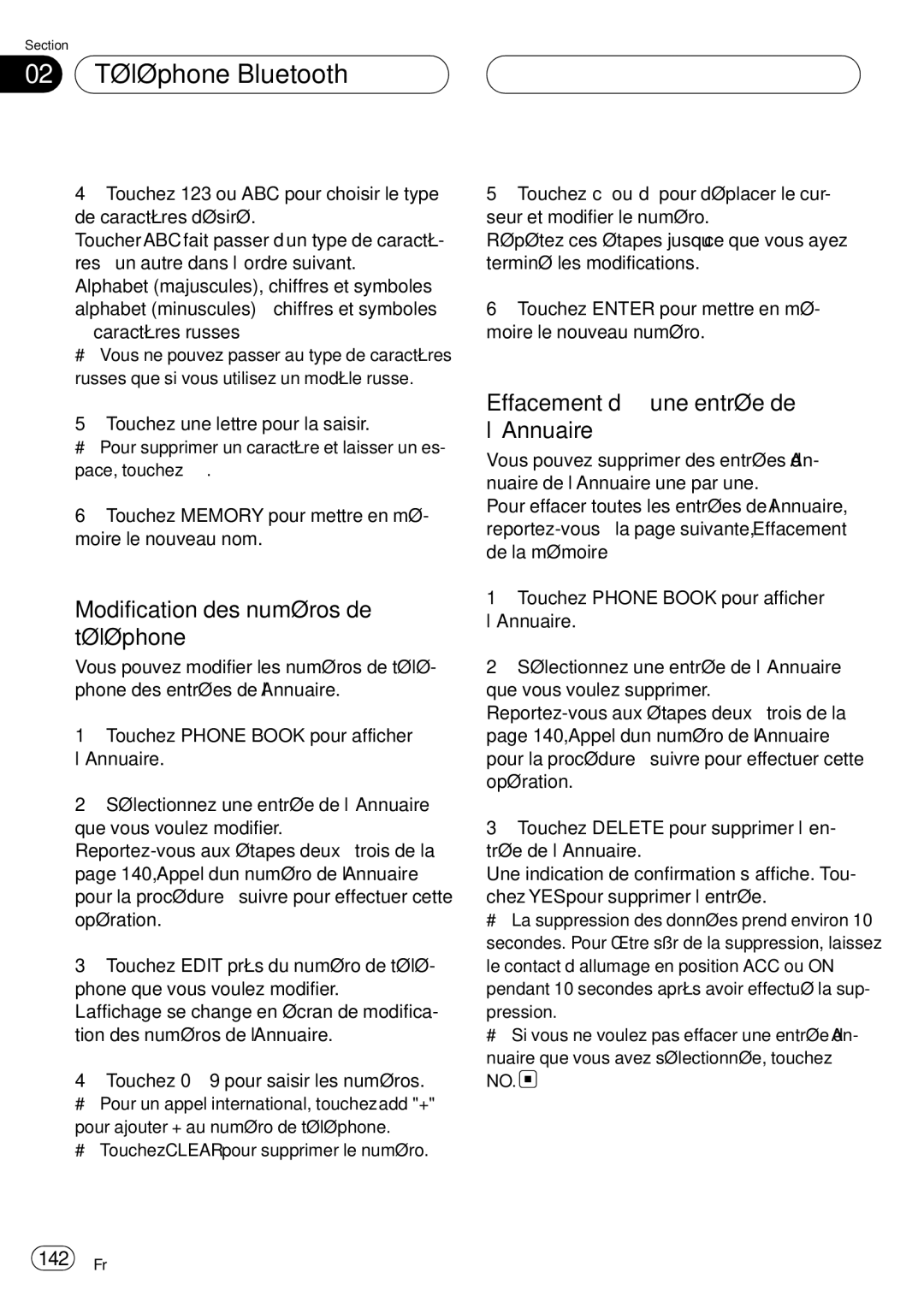 Pioneer CD-BTB20 owner manual Modification des numéros de téléphone, Effacement d’une entrée de l’Annuaire 