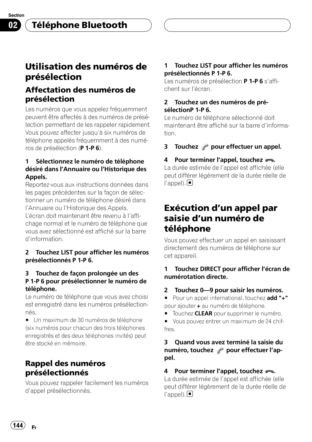 Pioneer CD-BTB20 Exécution d’un appel par saisie d’un numéro de téléphone, Affectation des numéros de présélection 