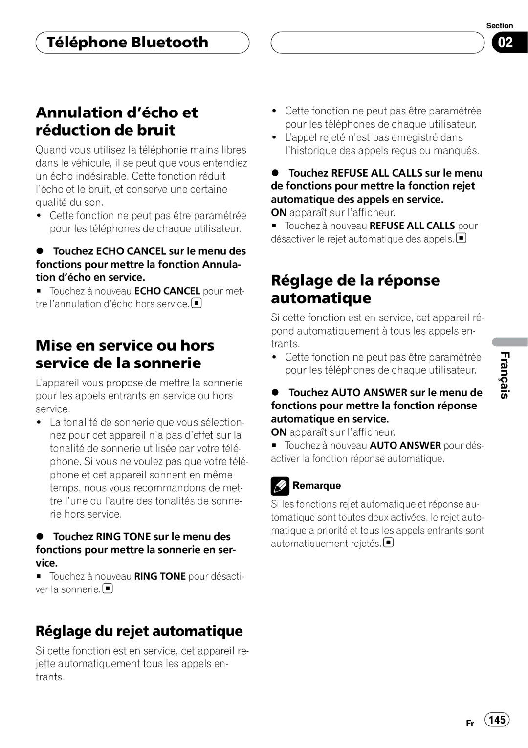 Pioneer CD-BTB20 owner manual Téléphone Bluetooth Annulation d’écho et réduction de bruit, Réglage du rejet automatique 