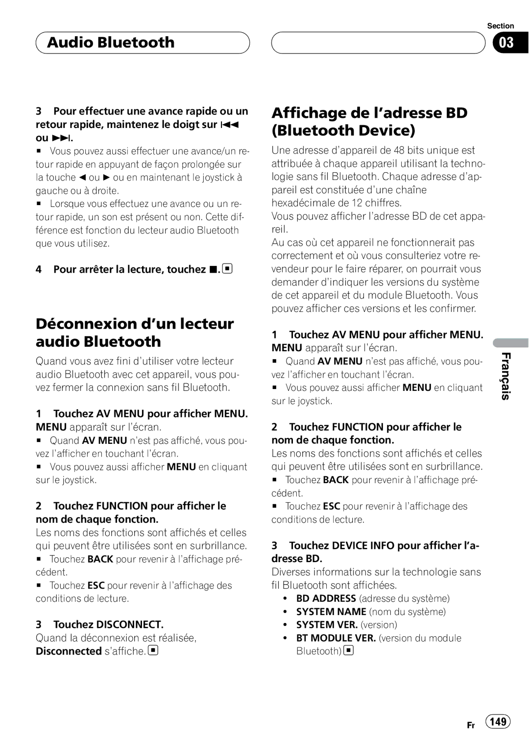 Pioneer CD-BTB20 owner manual Audio Bluetooth, Déconnexion d’un lecteur audio Bluetooth 