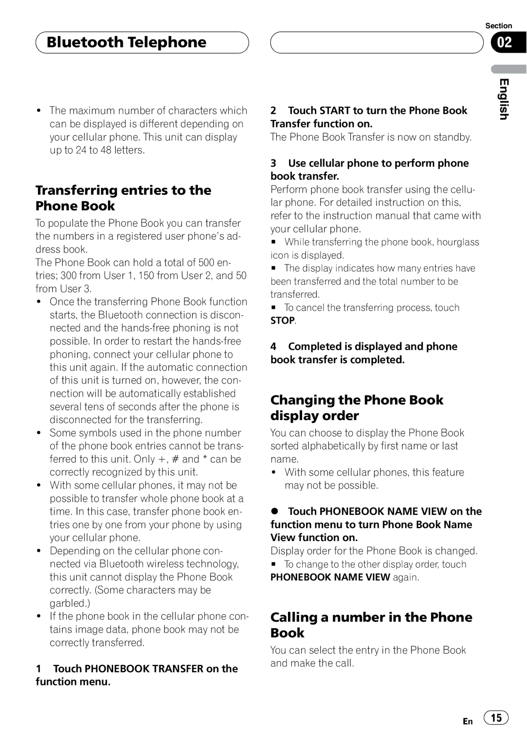 Pioneer CD-BTB20 owner manual Transferring entries to the Phone Book, Changing the Phone Book display order 