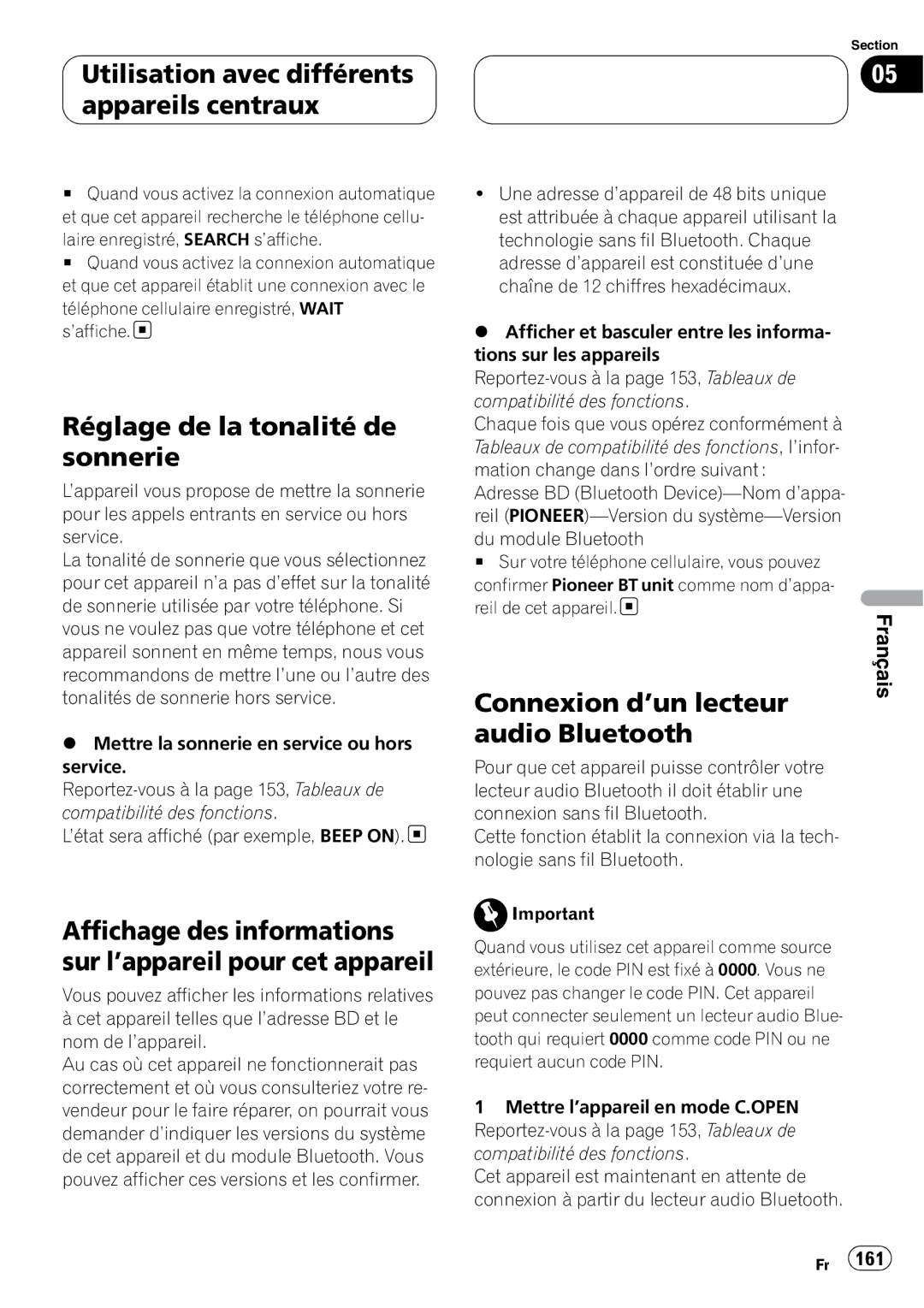 Pioneer CD-BTB20 Réglage de la tonalité de sonnerie, Affichage des informations sur l’appareil pour cet appareil 