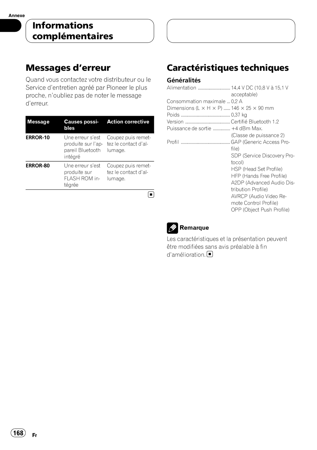 Pioneer CD-BTB20 owner manual Informations complémentaires Messages d’erreur, Caractéristiques techniques, Généralités 