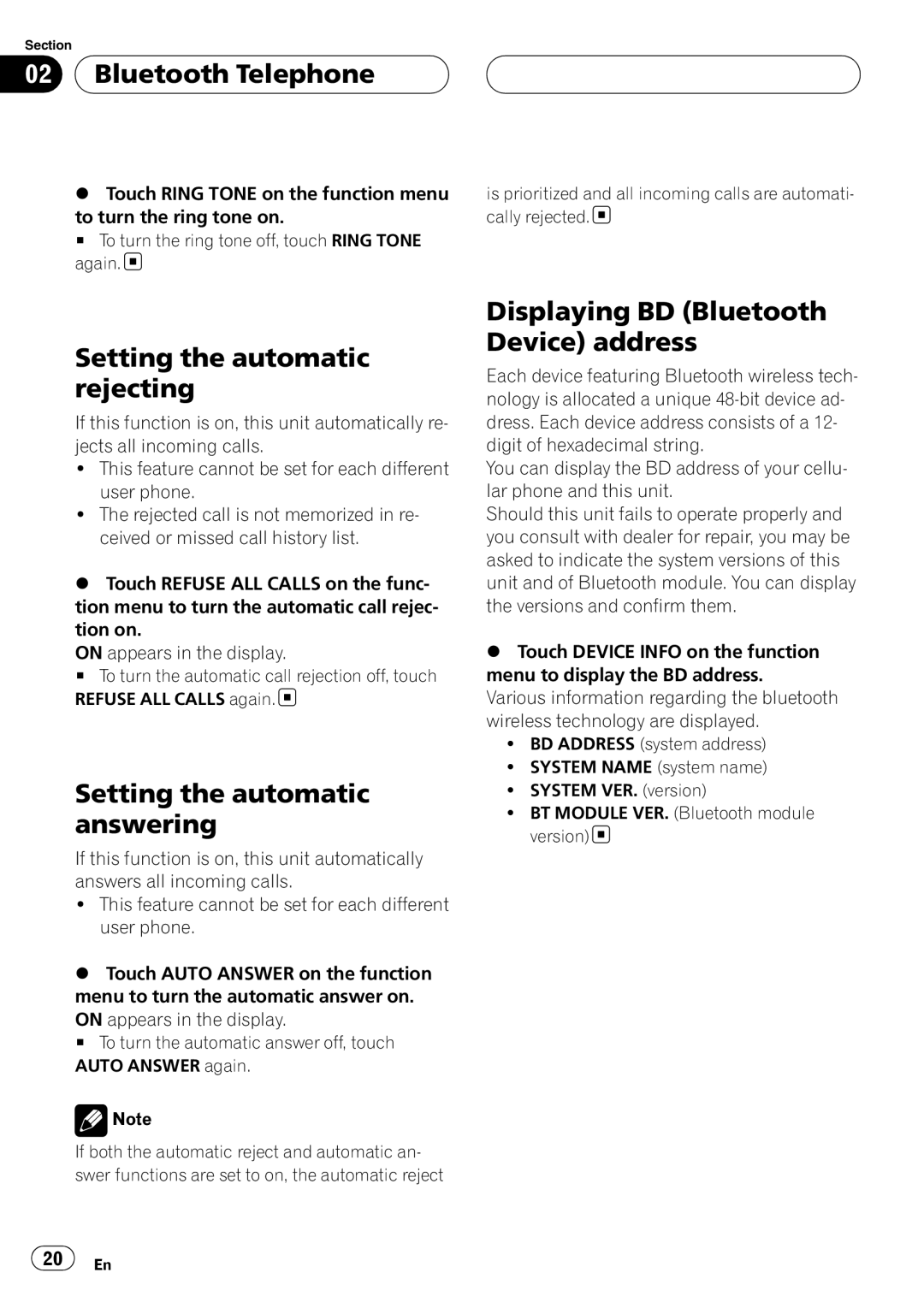 Pioneer CD-BTB20 Setting the automatic rejecting, Setting the automatic answering, Displaying BD Bluetooth Device address 