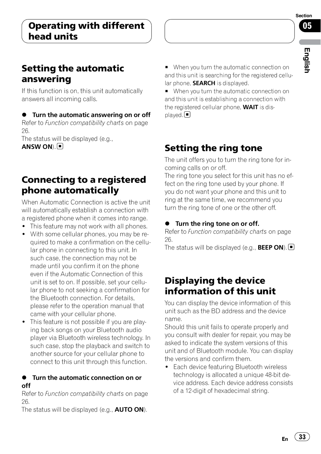 Pioneer CD-BTB20 owner manual Connecting to a registered phone automatically, Setting the ring tone 