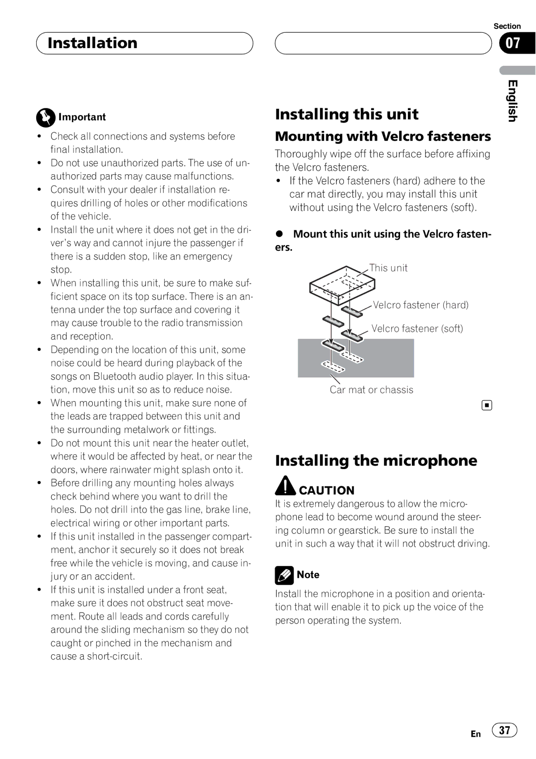 Pioneer CD-BTB20 owner manual Installation, Installing this unit, Installing the microphone, Mounting with Velcro fasteners 