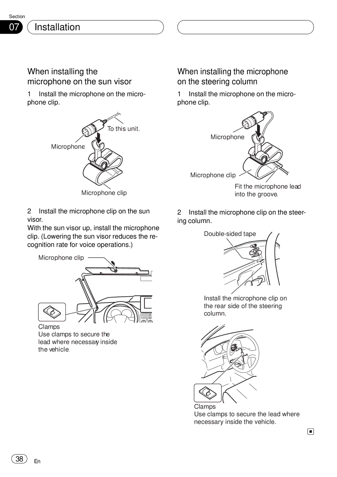 Pioneer CD-BTB20 When installing the microphone on the sun visor, When installing the microphone on the steering column 