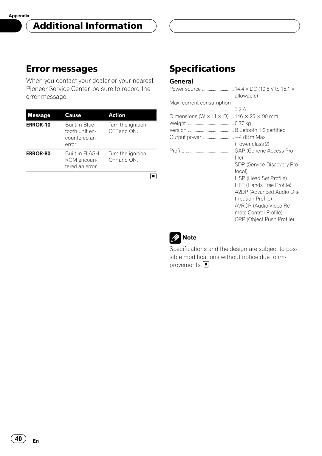 Pioneer CD-BTB20 owner manual Additional Information Error messages, Specifications, General 