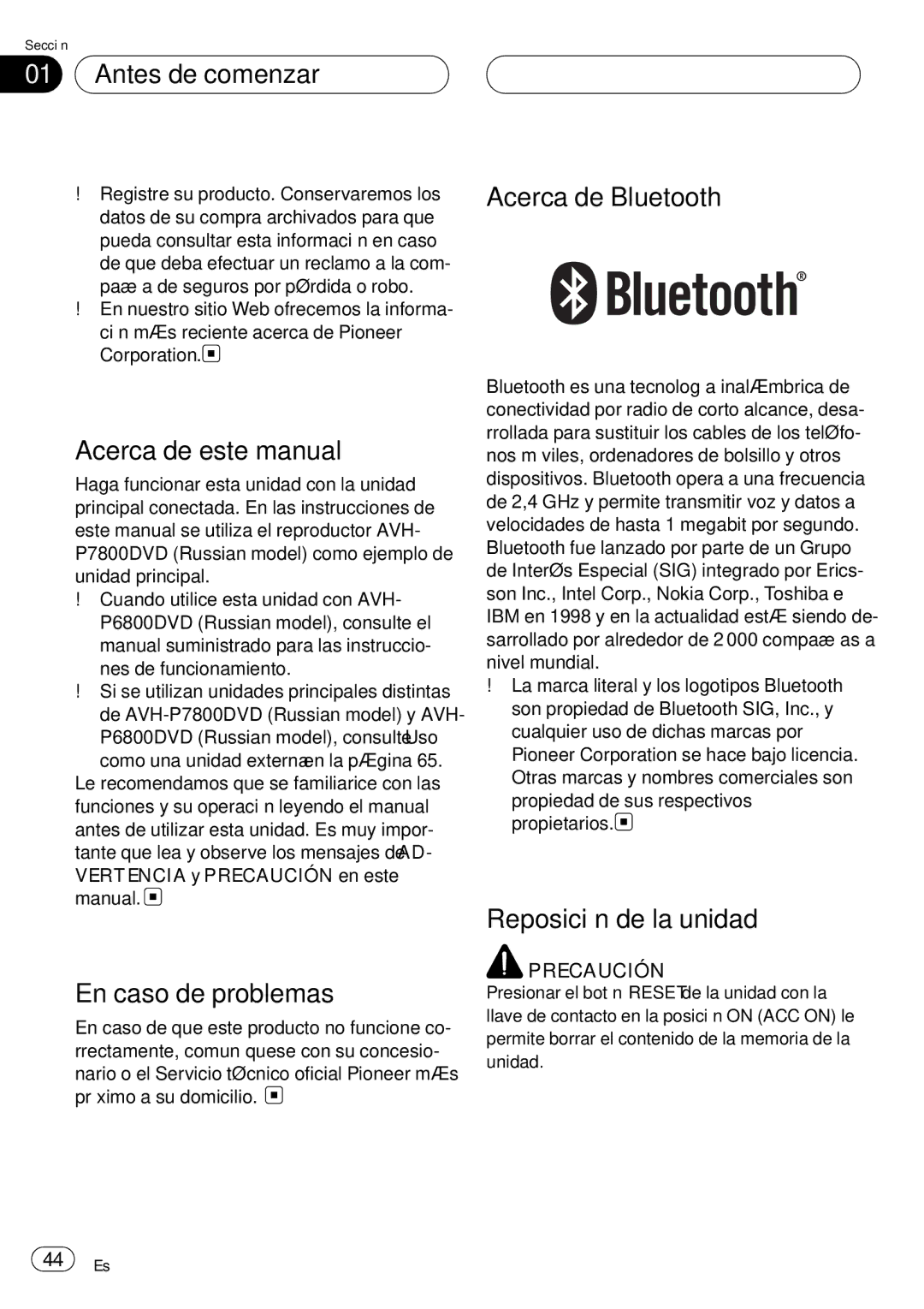 Pioneer CD-BTB20 owner manual Acerca de este manual, En caso de problemas, Acerca de Bluetooth, Reposición de la unidad 