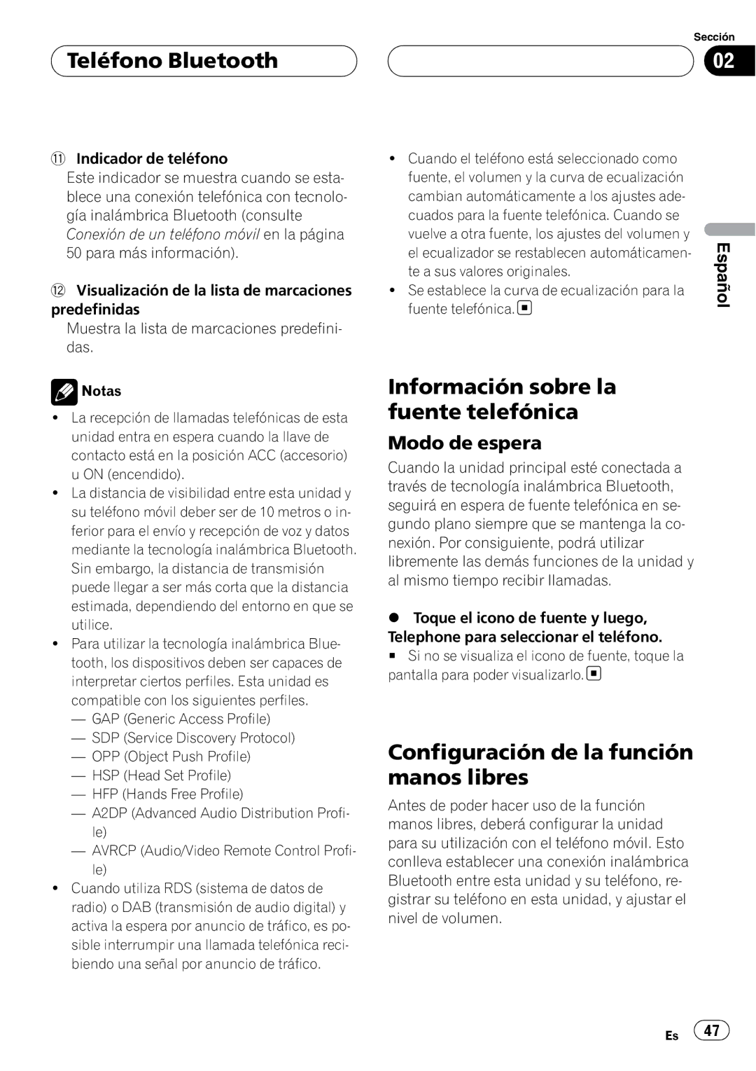 Pioneer CD-BTB20 Teléfono Bluetooth, Información sobre la fuente telefónica, Configuración de la función manos libres 