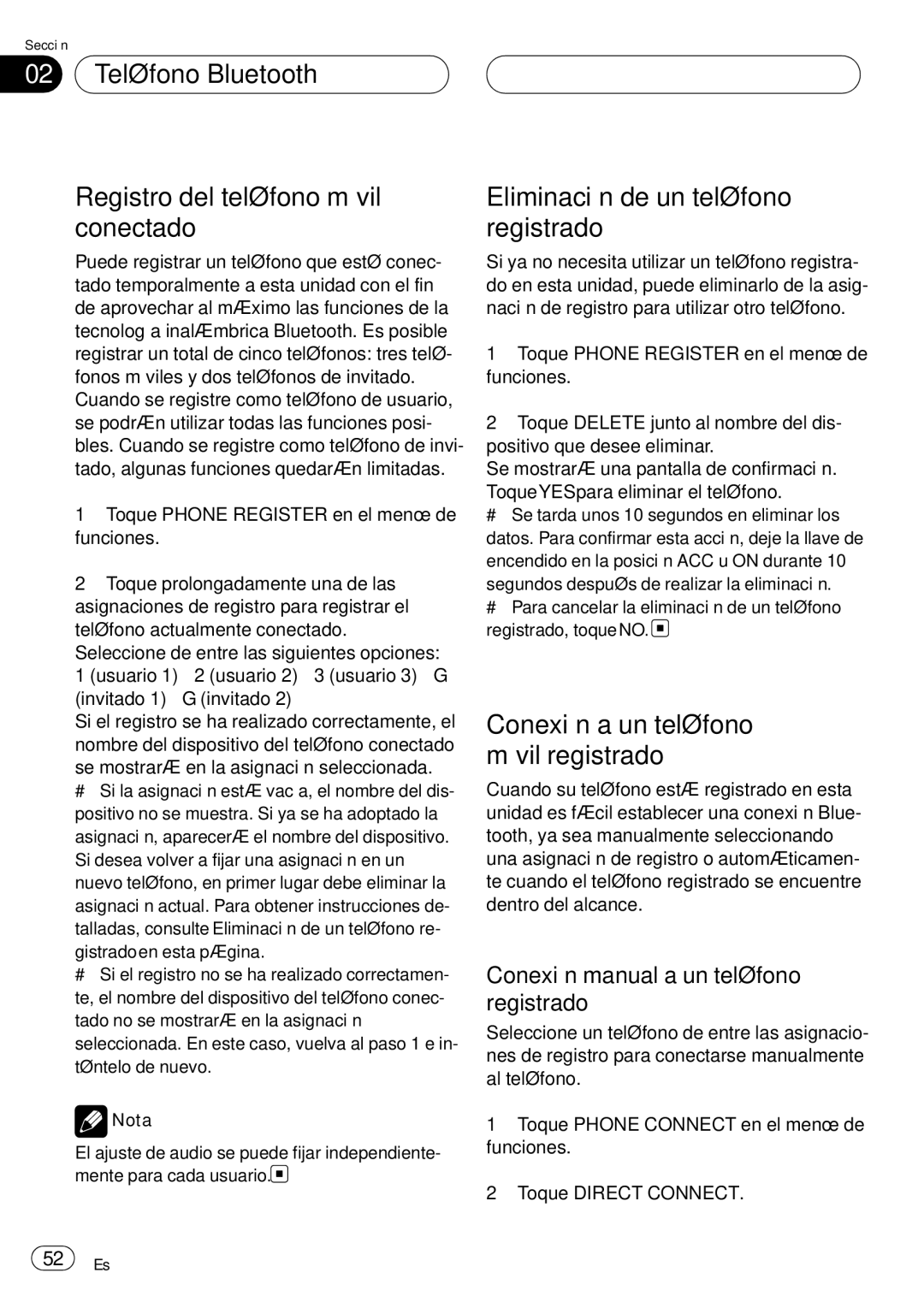 Pioneer CD-BTB20 Teléfono Bluetooth Registro del teléfono móvil conectado, Eliminación de un teléfono registrado 