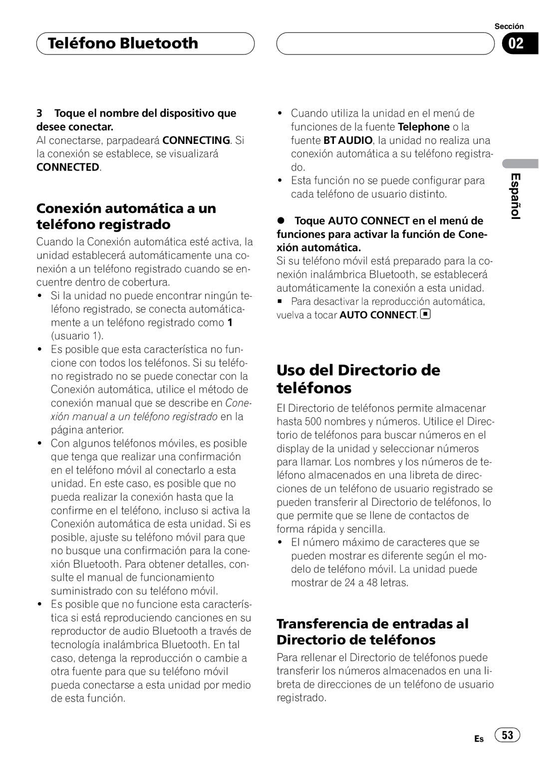 Pioneer CD-BTB20 owner manual Uso del Directorio de teléfonos, Conexión automática a un teléfono registrado 